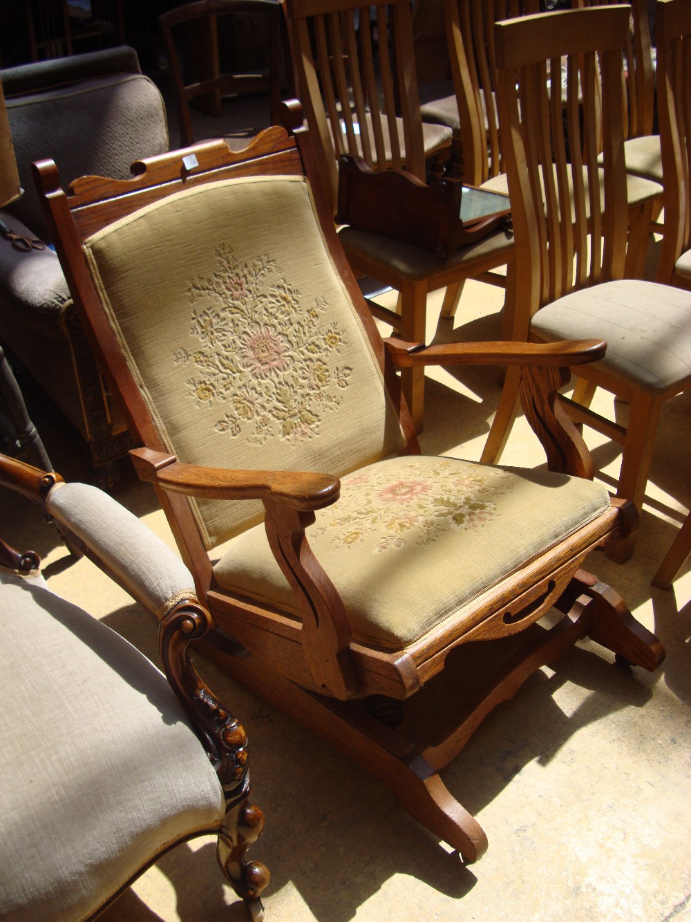 An oak rocking chair.