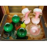 A mixed lot of glassware to include two frilly topped pink vases, three green coloured shades, along
