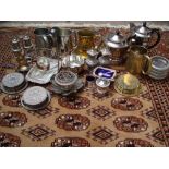 A mixed lot of silver plate and EPNS to include salts, coffee pot, teapot, dishes, mustards etc