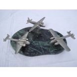 Three model wartime aircraft by D.P Carter. On marble base with rotation, wingspan of each aircraft: