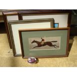 Equestrian racing related items to include an embroidered framed picture of a jockey on horseback,