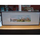 A framed watercolour view of Florence by Hiko Nagahama, dated '98, 26 x 8.5cm.