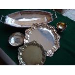 A small collection of silver plate comprising Mappin & Webb dish, two poss silver cups, a silver
