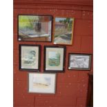 A mixed lot of pictures to include a waterwolour of a beach with fishing boats signed Edghill, an