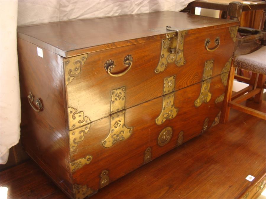 A Korean chest with lift down flat, brass mounts. 77.5 x 38.5 x 52cm high - Image 2 of 3