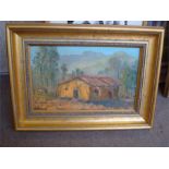 Peter Gladman (20th Century Zimbabwe). A gilt framed oil on board depicting an African village