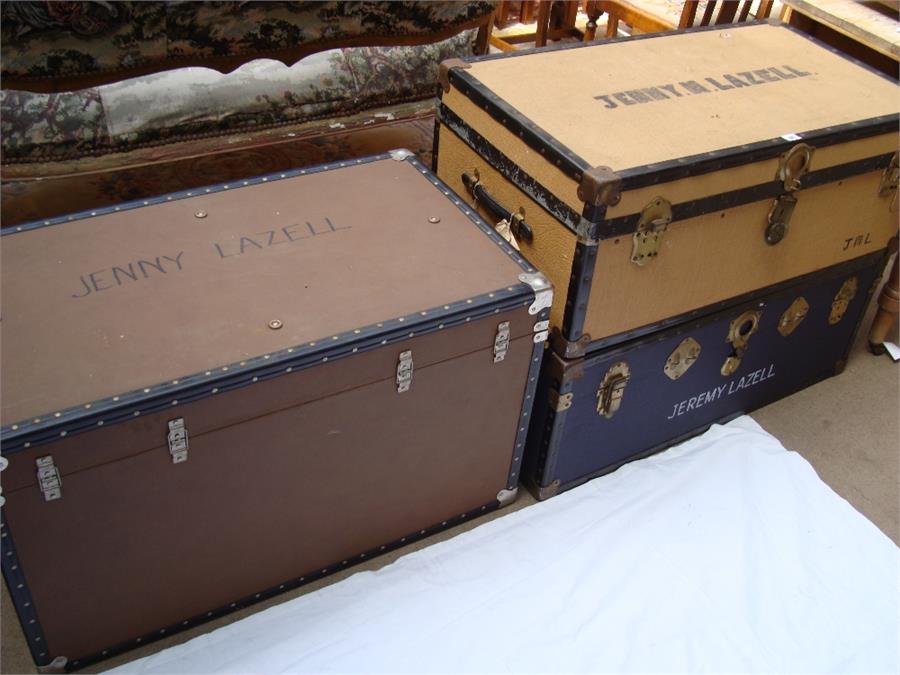 Three vintage travelling trunks, bears name and initialls.