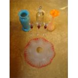 A mixed lot of glassware to include an orange frosted glass ruffle topped blub vase, a ruffled