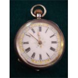 A silver cased Swiss pocket watch, stamped 0.935.  With Roman numerals on a white dial, marks within