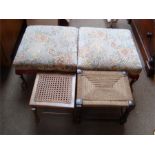 A pair of large fringed upholstered footstools alo