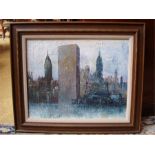 A framed oil on canvas, unsigned depicting a view of New York from the East River.