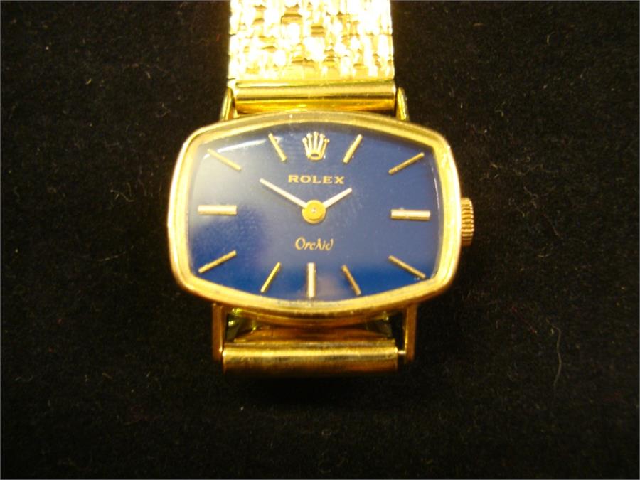 An 18ct gold ladies Rolex Orchid wristwatch, case measuring approx 23.3mm x 17.4mm, blue dial with - Image 2 of 3