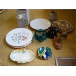 A mixed lot to include a Stavanger flint bird dish, Johnson Brothers plates, a Clarice Cliff Newport