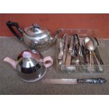 Mixed EPNS cutlery and a teapot together with a vintage pink ceramic teapot with chrome insulated