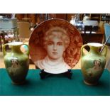 A Minton hand painted pre Raphaelite style portrait plate, 1892, size 10" together with two 19th