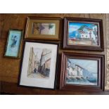 A mixed lot of five pictures including a coloured engraving of Rue Saint Rutique, Paris; a Naive