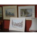 A 19th Century Continental watercolour and another together with a print of Wadhurst 29/200 by V