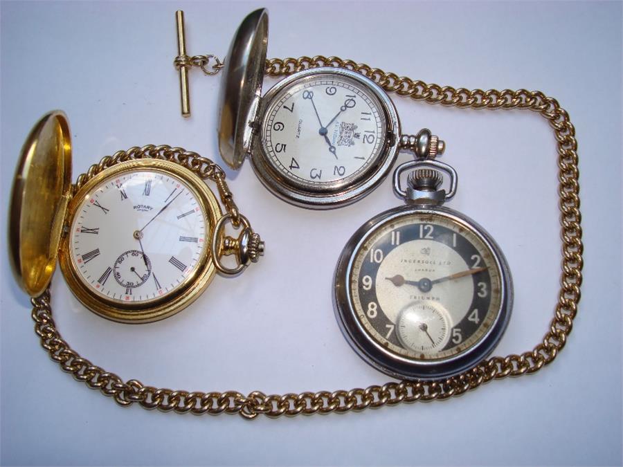 A Rotary pocket watch, with chain together with an Ingersol Triumph pocket watch and an A.E Williams