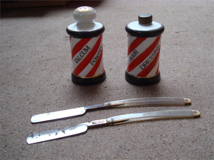 Two poss 1920's barbershop ceramic containers of red and white barber pole design together with