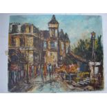 E. Baptiste.  An oil on canvas of a French street scene, unframed.  Signed to lower right. 51 x