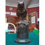 A G. Grohe brass 'Wise Owl' car mascot, on stone plinth. Damage to plinth base, otherwise in fair