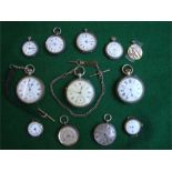 A selection of pocket watches, some silver.