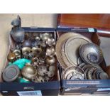 A large collection of brass including chargers, ashtrays, jugs, containers etc (2 boxes).