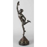 Antique bronze Hermes on marble base. (Basement glued). Ca. 1900. Beautiful patina. Dim. 48 cm. Cond