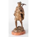 German antique bronze figure hunter with crossbow on marble base by Hans Müller circa 1900, in