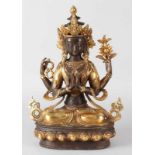 Ancient Chinese Bronze Buddha sitting on lotus, with four arms. Second half 20th century. Dim. 33