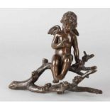 Antique bronze putti on stump (putti has letter). By Lilli Finzelberg. Germany 1872-1939,
