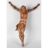 Large 18th-19th century walnut crucifix, Corpus Cristi. (Fingers damaged) Dim. 68 cm. Cond .: R / G.