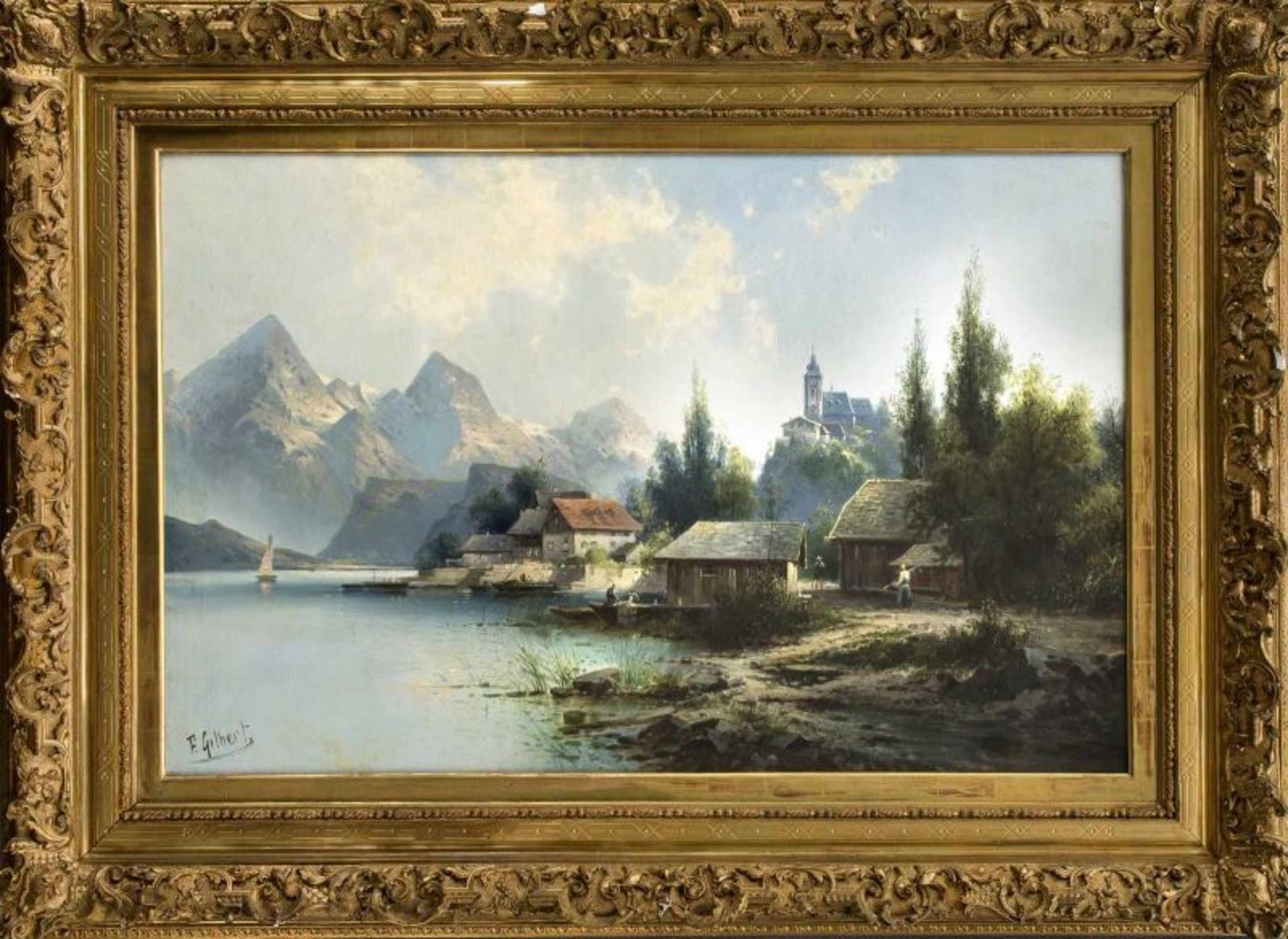 Karl Kaufmann, 1843-1902. Austrian school. Alpine mountain lake with buildings (pseudonym F.