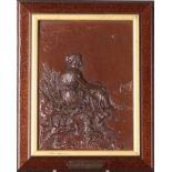 Antique bronze plaque in new wooden table with name tag, Alouette mess agere du Jour, 1900. in