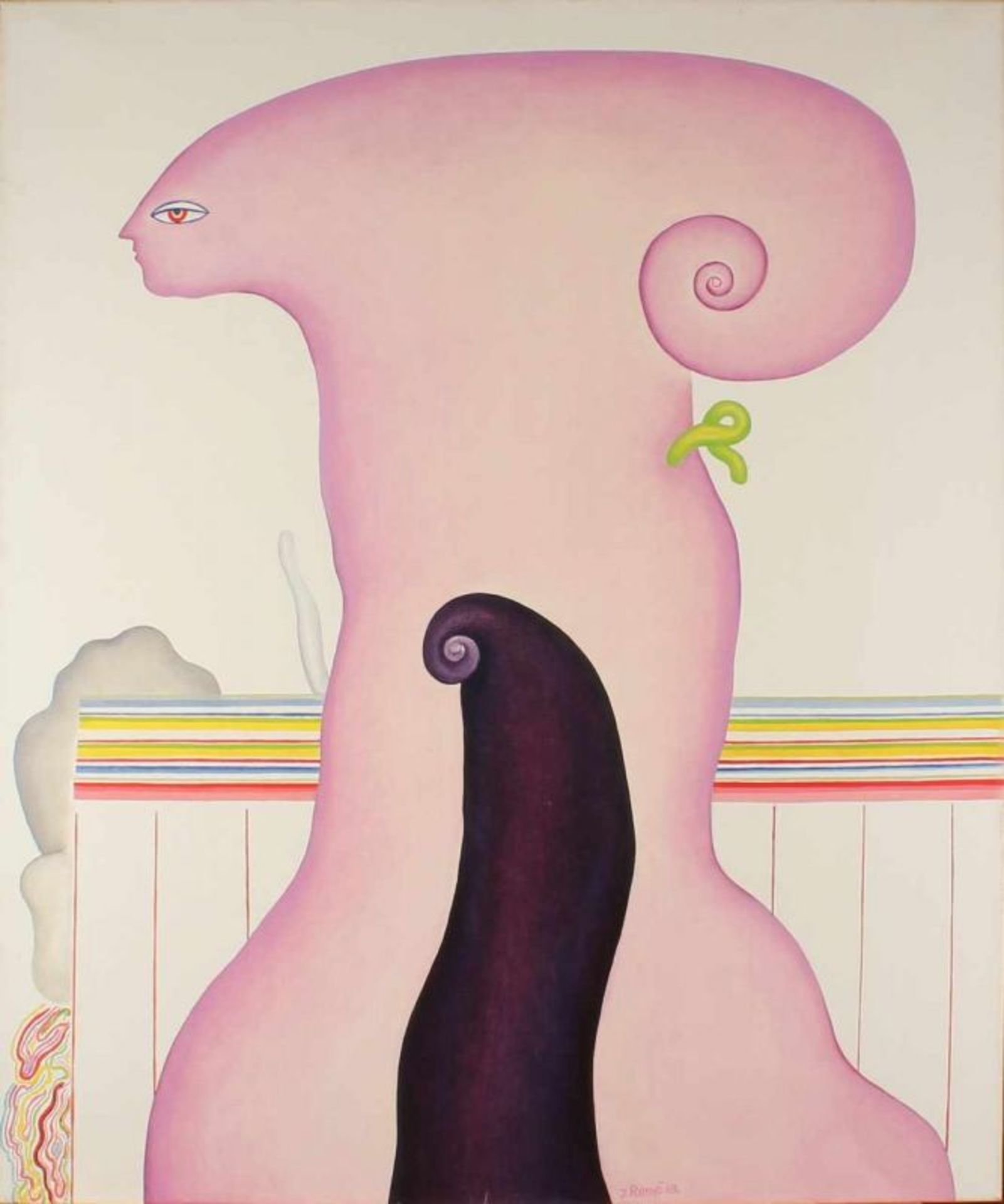 Jörg Remé 1969. 1941-. Presentation: Surreal woman figure. Oil on linen. Dim. 110x90 cm. Cond .: