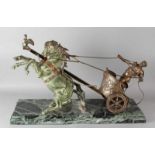 Very large antique chariot on marble base. Ca. 1930. Heavy metal composition, gold plated and