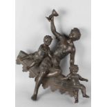 Large antique bronze statues, ca. 1870. Presentation of woman with wine goblet and two children. (