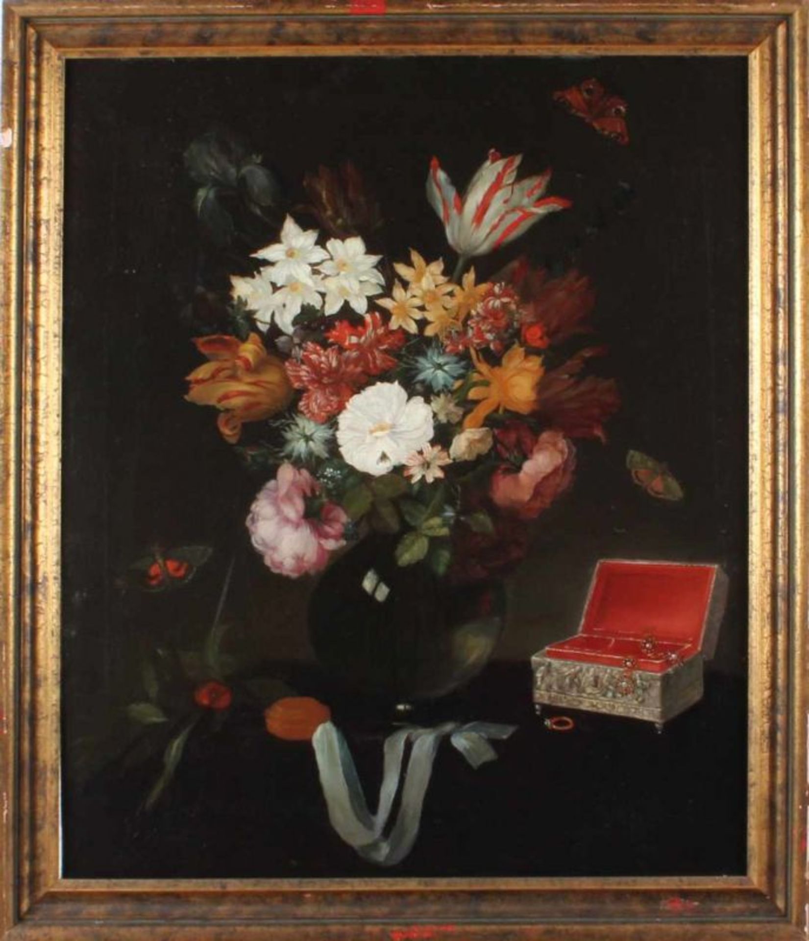 Unsigned 19th century. Still life with vase of flowers, jewelry box lid and butterflies. In 17th