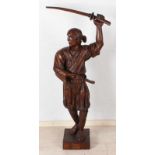 Large oak carved Japanese Samurai warrior. 19th century. (one loose sword in hand) Dim. 115 cm.In