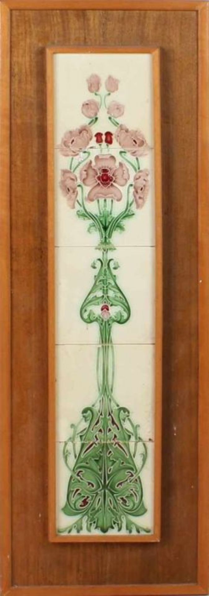 Antique Art Nouveau tile picture around 1900 List, floral decor, minimal enamel damage 75x16cm