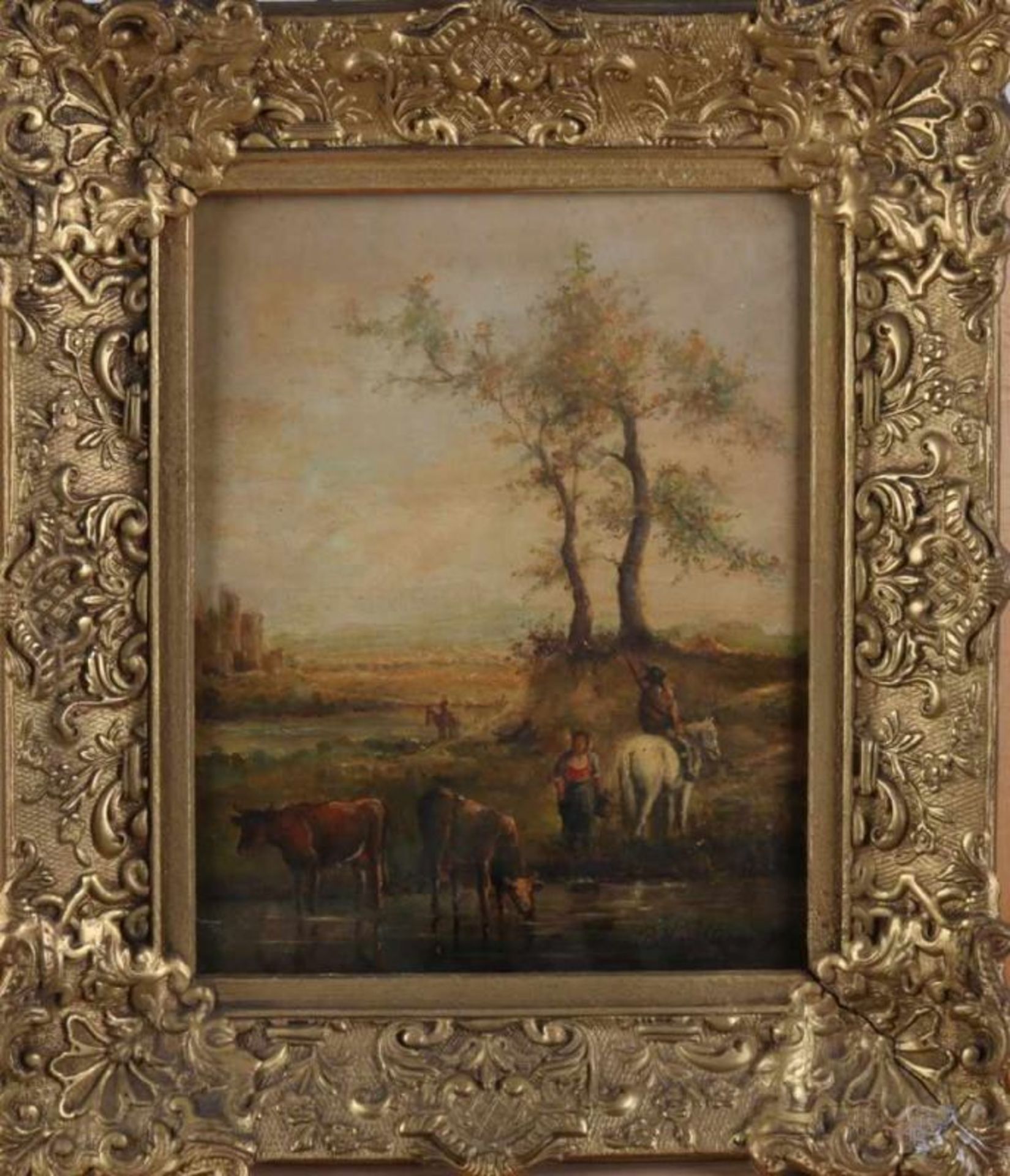 PH of Steenwijk, circa 1880. 'Romantic landscape with cattle and figures'. Oil paint on panel.