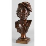 Bronze bust of a woman in costume with headgear. About 1900. Size: 37 cm. In good condition.