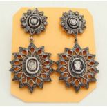 Big gold on silver earrings with diamonds, antique style. Large flower shaped buttons occupied with