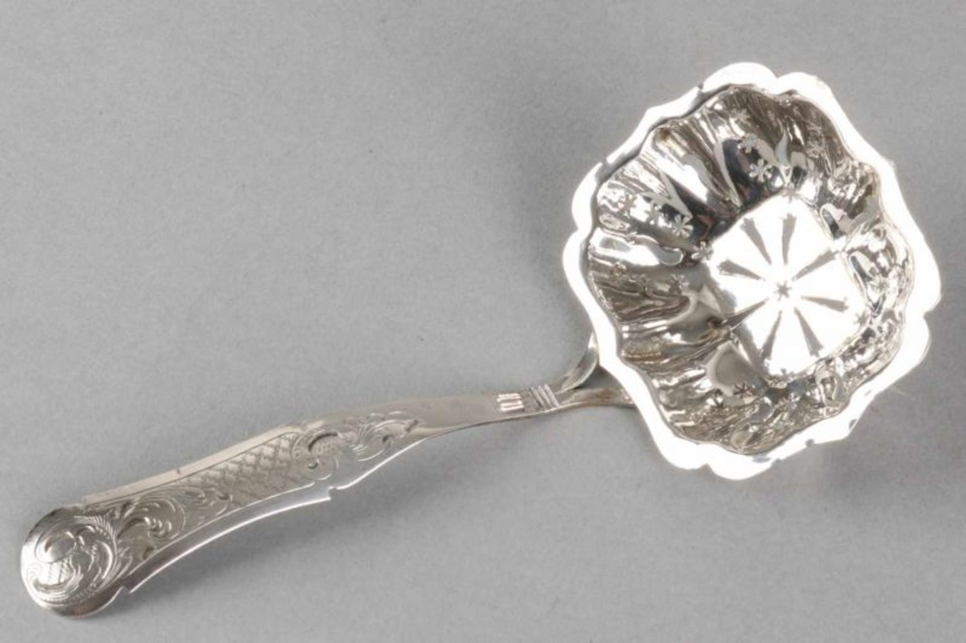 Antique silver sugar spoon, 835/000, open-ended contoured tray with engraved steel. MT: J. van de