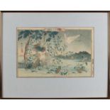 Antique Japanese colored, signed woodcut. About 1900 or older. Presentation of birds at water