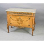 French style chest of drawers with inlaid marble leaf and bronze batter. Glued with various woods.