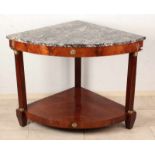 Rare mahogany Empire corner table with half pillars, brass capitals, marble leaf and bronze