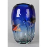 Large heavy (Murano) glass of orange juice, approx. 1970-1980. Blue-transparent with goldfish