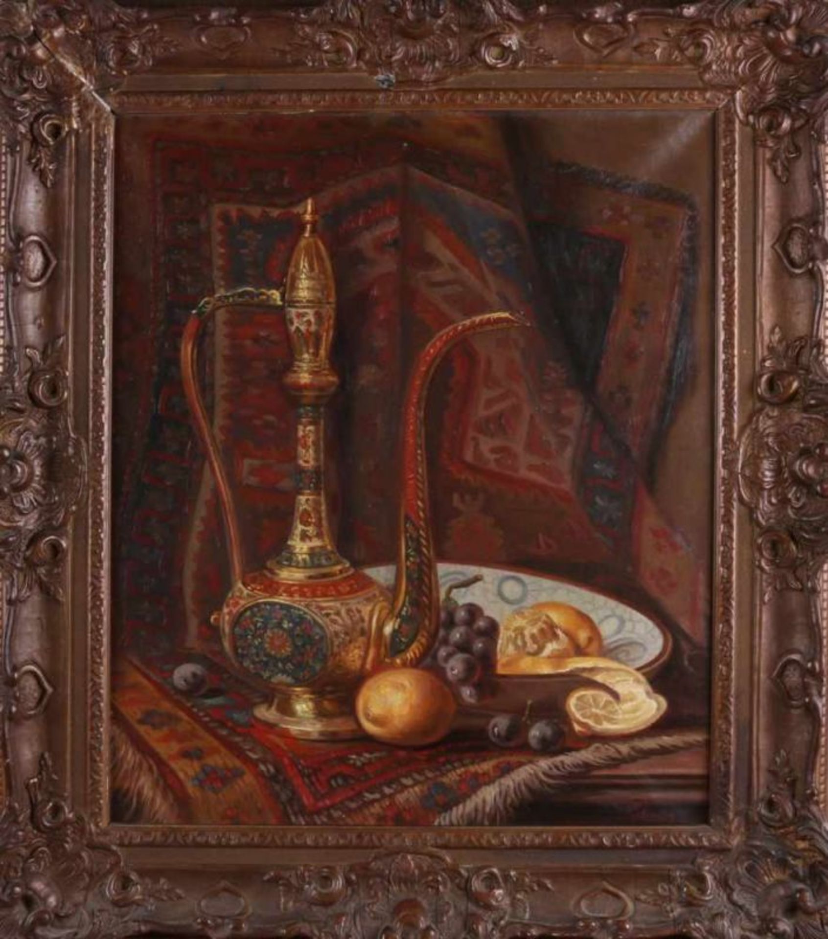 J. Baure. Still life with garment, fruit and North African tea. About 1920. Oil paint on linen.