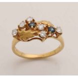 Yellow gold ring, 750/000, with brilliant and blue sapphire. Fantasy model with 2 leaves, 6